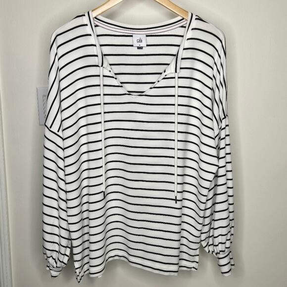 CABI Relaxed Fit Casual White and Black Striped Women's Longsleeve Veck Top - Picture 1 of 10